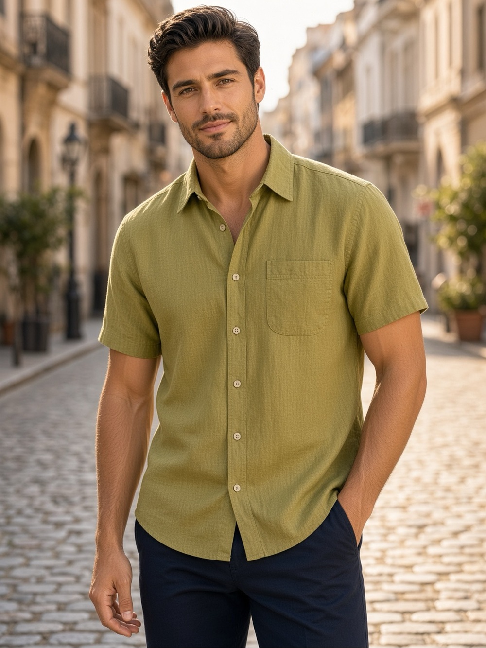 Harve Benard Short Sleeve Button-Down Shirt in Olive 100% linen